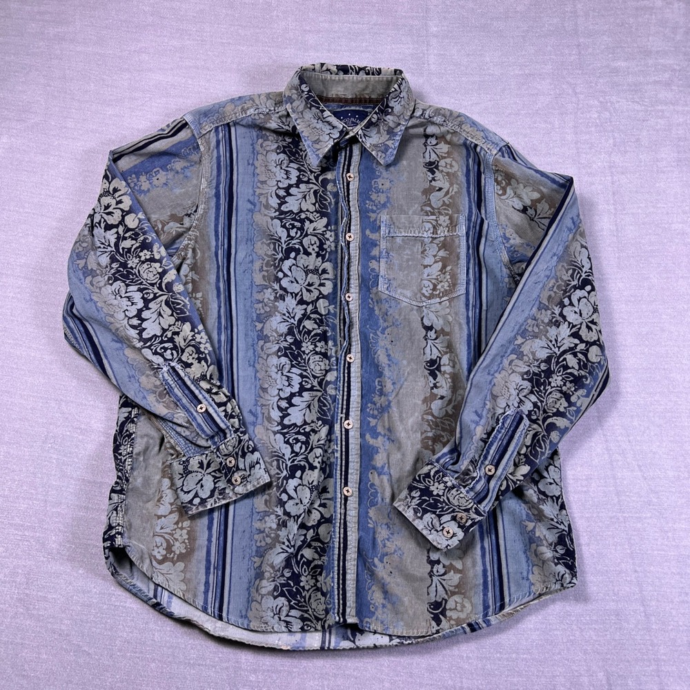 Indigo Palms Tommy Bahama Floral Stripe Corduroy Button Down Shirt Mens L Blue